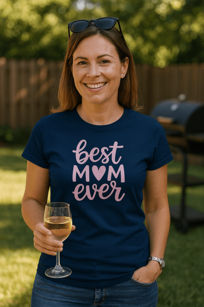 Kvinna i trädgård med blå t-shirt med rosa texten “best mom ever”, håller ett glas vin och ler mot kameran.